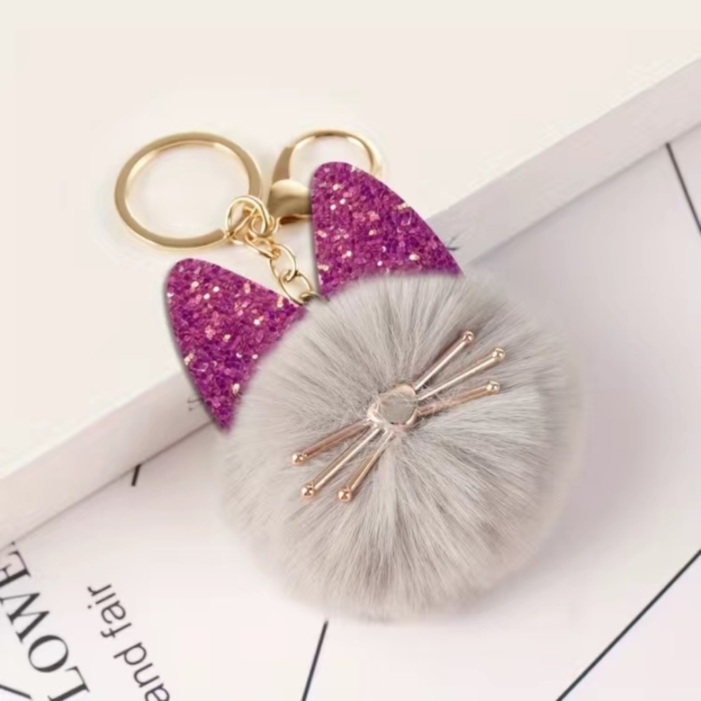 Grey cat Pom Pom key chain fashion accessory